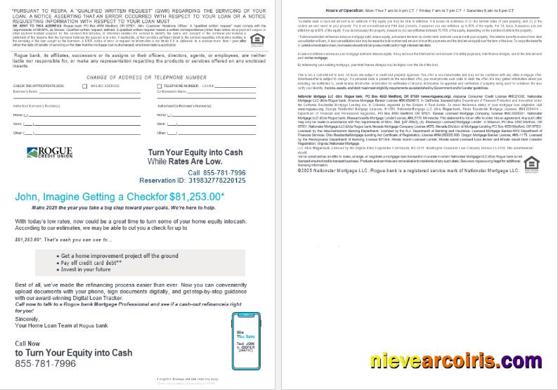 USA Oregon Rogue bank mortgage loan statement, 4 pages 3-4